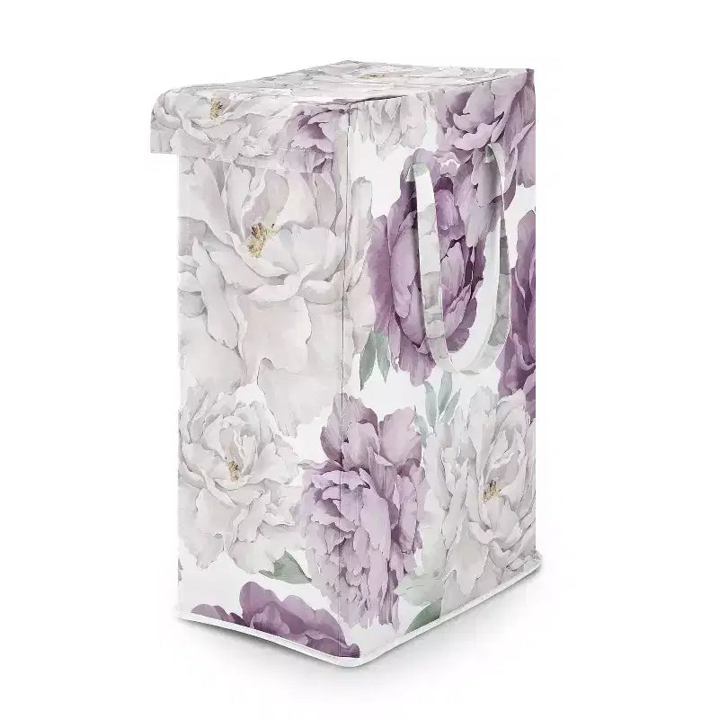  Girl Foldable Laundry Hamper with Handles Peony Floral Garden Lavender Purple and Ivory