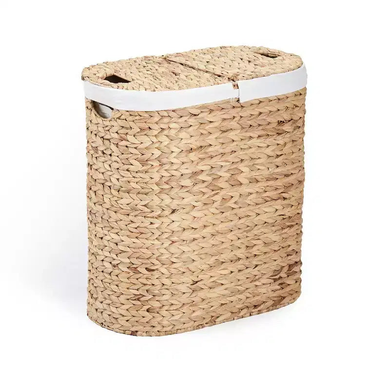  Hand Woven Water-Hyacinth Lidded Oval Double Laundry Hamper