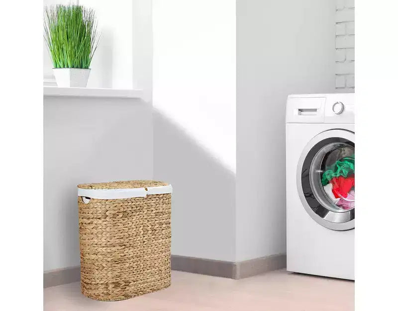 Panier à linge double ovale en jacinthe d'eau tressée à la main avec couvercle