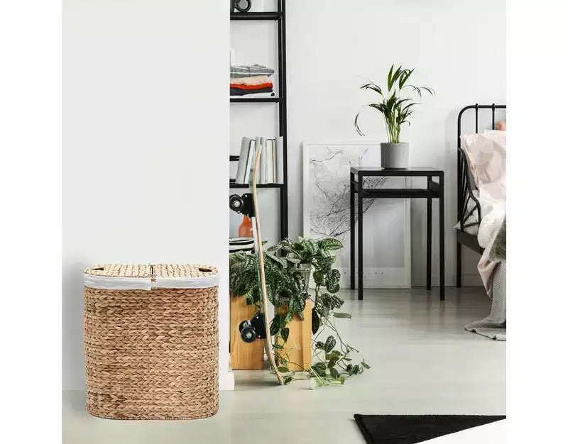 Panier à linge double ovale en jacinthe d'eau tressée à la main avec couvercle