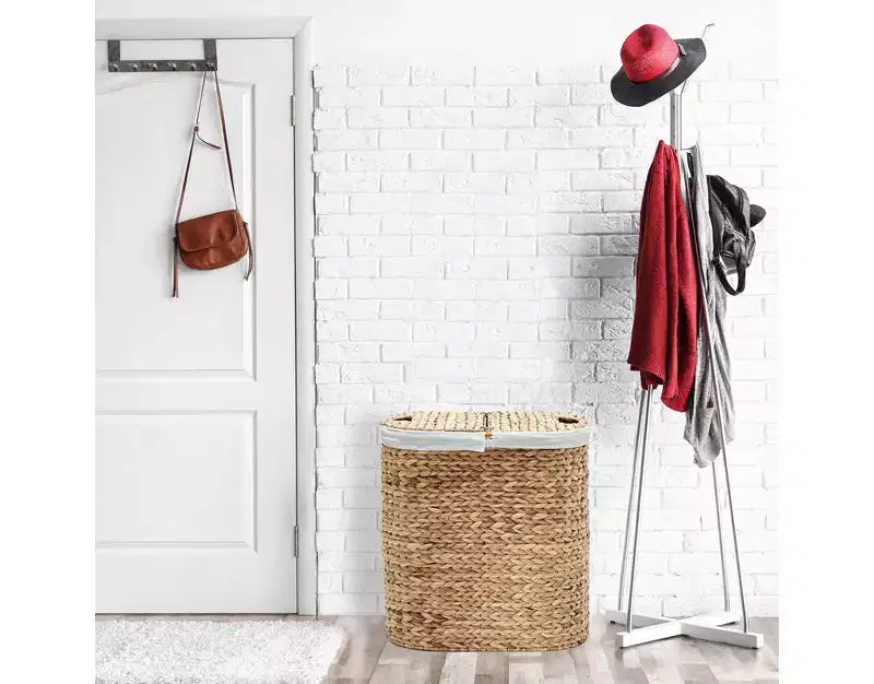 Panier à linge double ovale en jacinthe d'eau tressée à la main avec couvercle