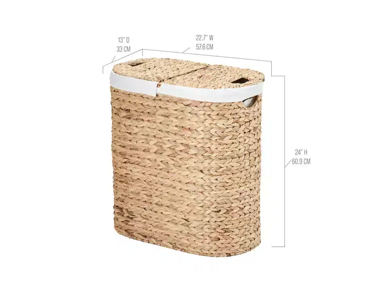 Panier à linge double ovale en jacinthe d'eau tressée à la main avec couvercle
