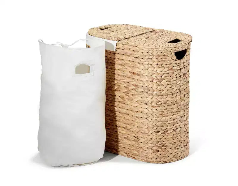 Panier à linge double ovale en jacinthe d'eau tressée à la main avec couvercle
