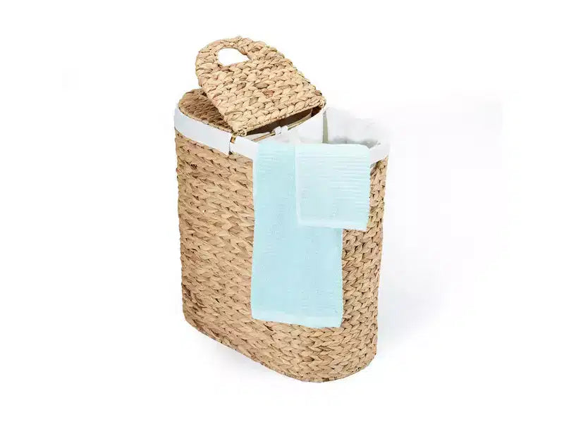 Panier à linge double ovale en jacinthe d'eau tressée à la main avec couvercle