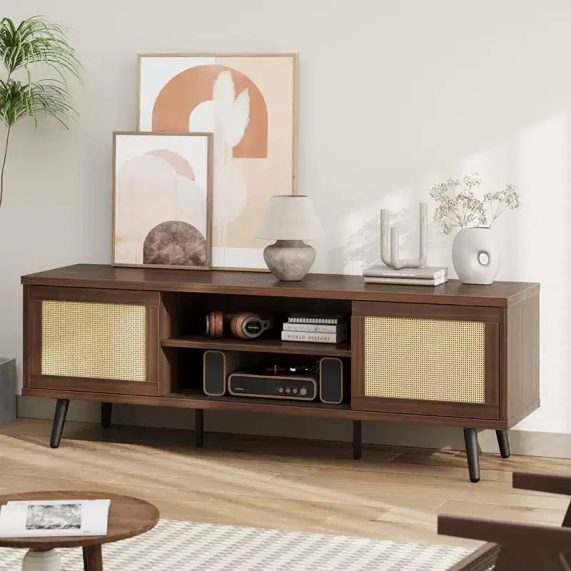 Meuble TV de 63 pouces de style milieu du siècle pour téléviseurs jusqu'à 75 pouces, meuble de divertissement avec rangements et étagères ouvertes pour salon