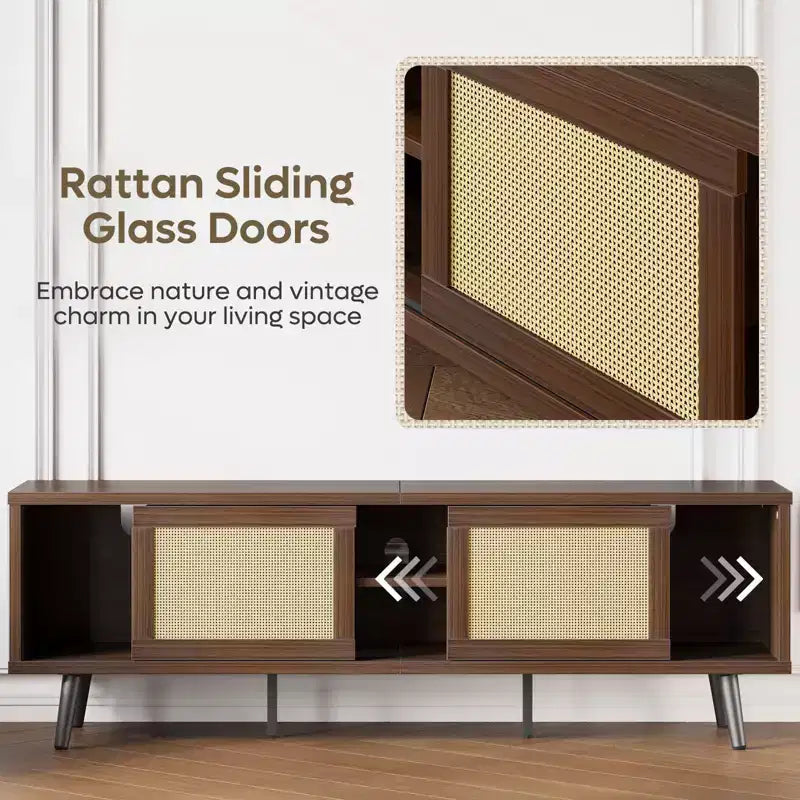 Meuble TV de 63 pouces de style milieu du siècle pour téléviseurs jusqu'à 75 pouces, meuble de divertissement avec rangements et étagères ouvertes pour salon