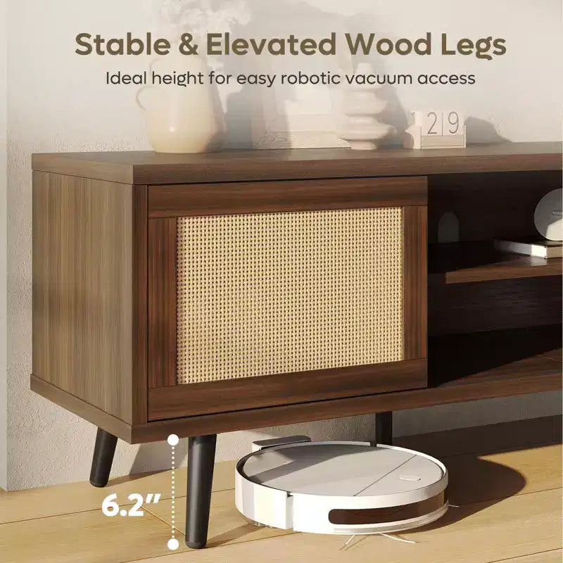 Meuble TV de 63 pouces de style milieu du siècle pour téléviseurs jusqu'à 75 pouces, meuble de divertissement avec rangements et étagères ouvertes pour salon