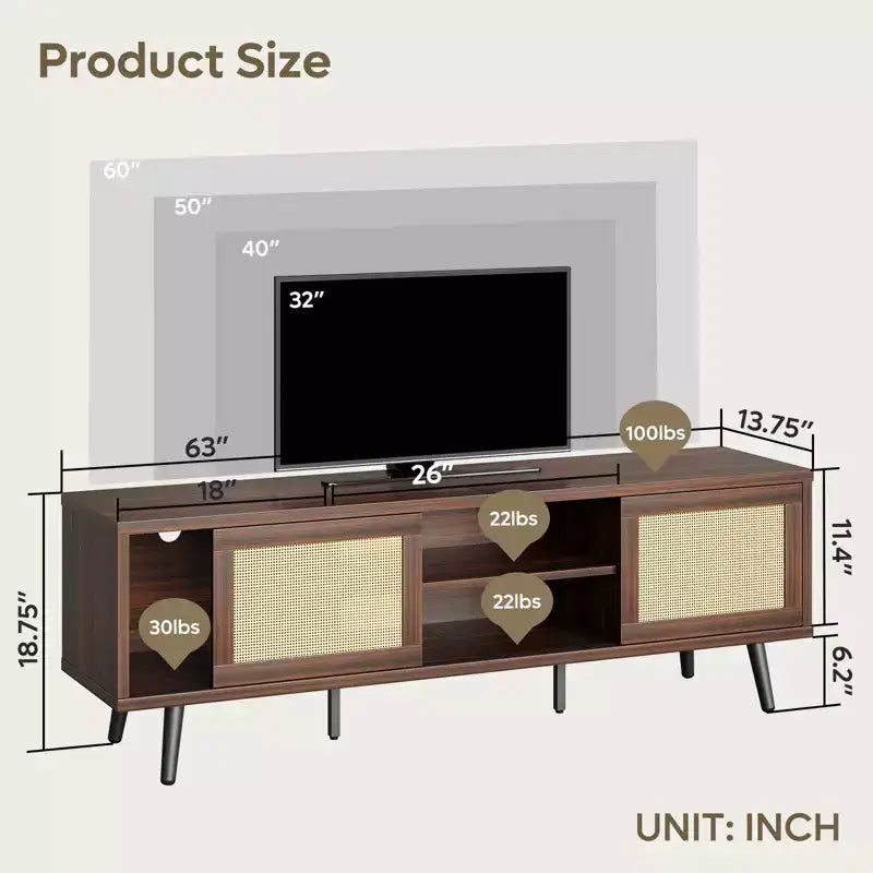 Meuble TV de 63 pouces de style milieu du siècle pour téléviseurs jusqu'à 75 pouces, meuble de divertissement avec rangements et étagères ouvertes pour salon