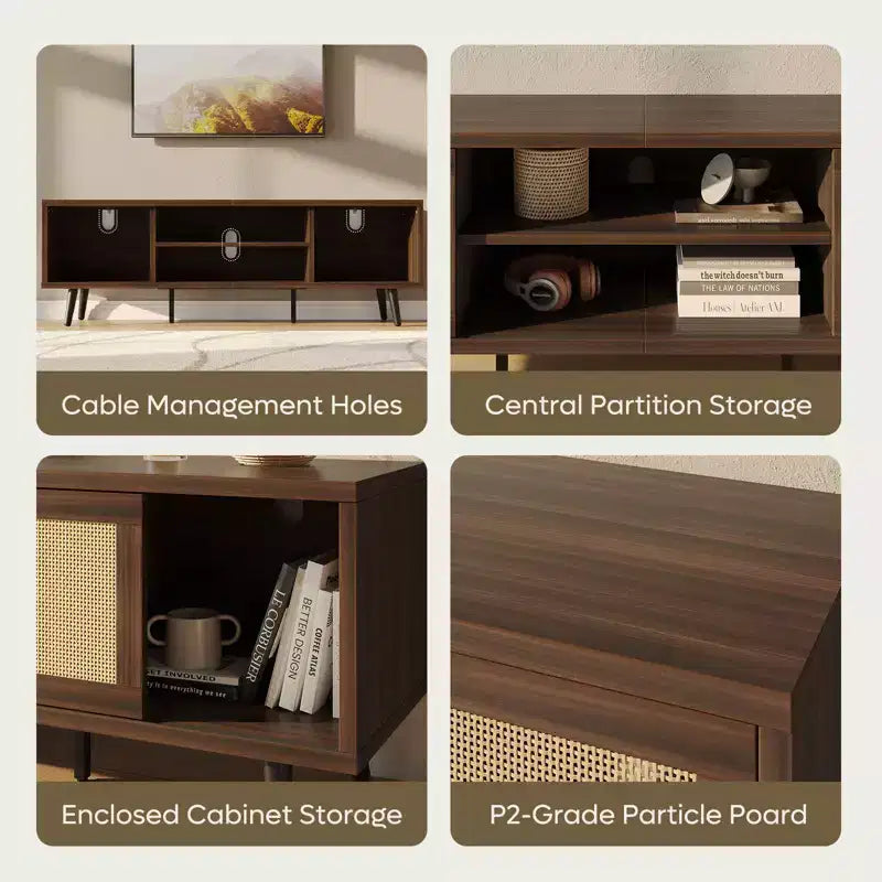 Meuble TV de 63 pouces de style milieu du siècle pour téléviseurs jusqu'à 75 pouces, meuble de divertissement avec rangements et étagères ouvertes pour salon