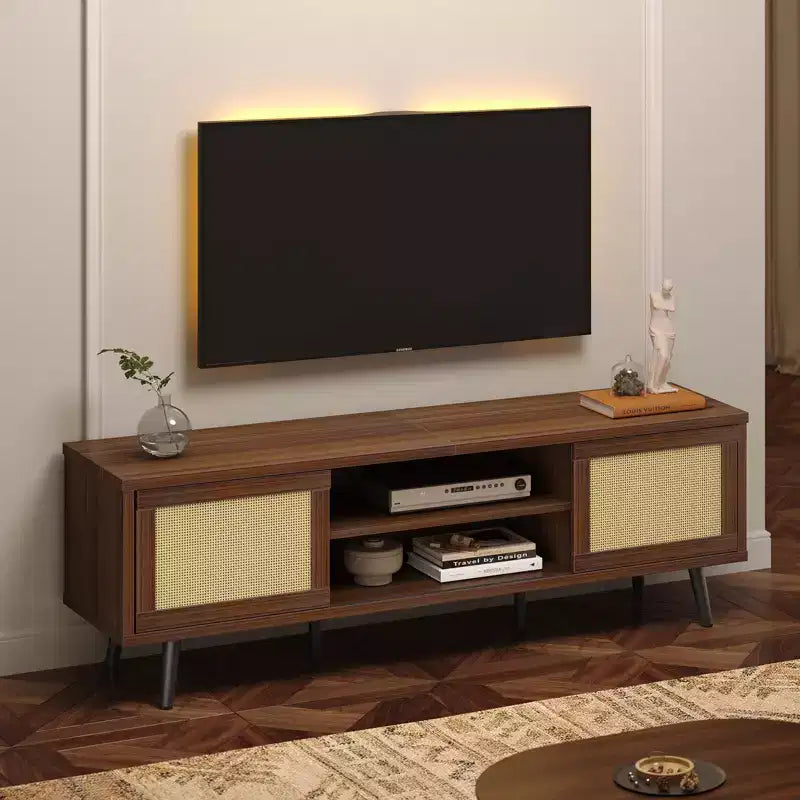 Meuble TV de 63 pouces de style milieu du siècle pour téléviseurs jusqu'à 75 pouces, meuble de divertissement avec rangements et étagères ouvertes pour salon