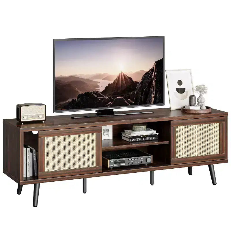 Meuble TV de 63 pouces de style milieu du siècle pour téléviseurs jusqu'à 75 pouces, meuble de divertissement avec rangements et étagères ouvertes pour salon