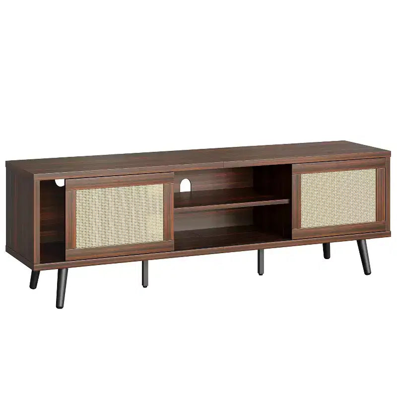 Meuble TV de 63 pouces de style milieu du siècle pour téléviseurs jusqu'à 75 pouces, meuble de divertissement avec rangements et étagères ouvertes pour salon