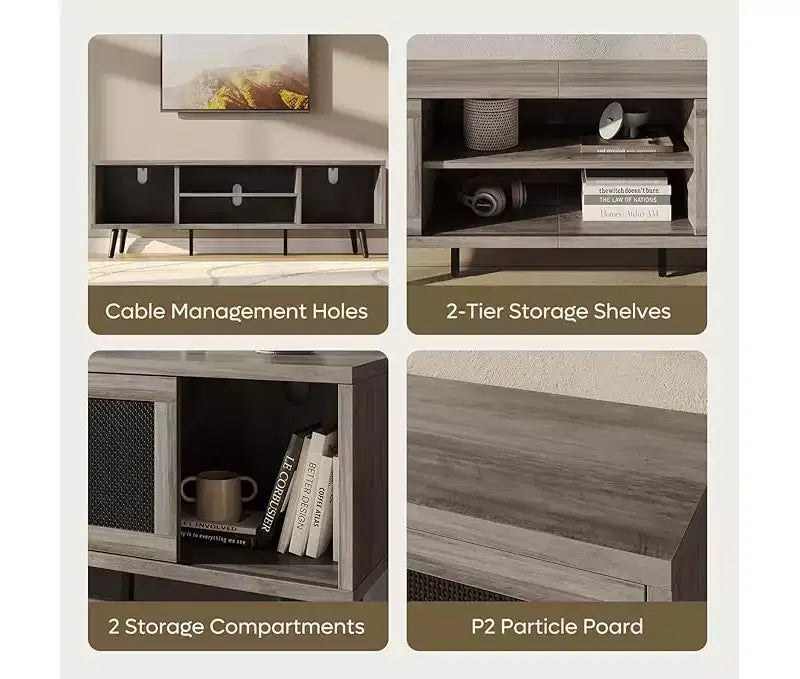 Meuble TV de 63 pouces de style milieu du siècle pour téléviseurs jusqu'à 75 pouces, meuble de divertissement avec rangements et étagères ouvertes pour salon