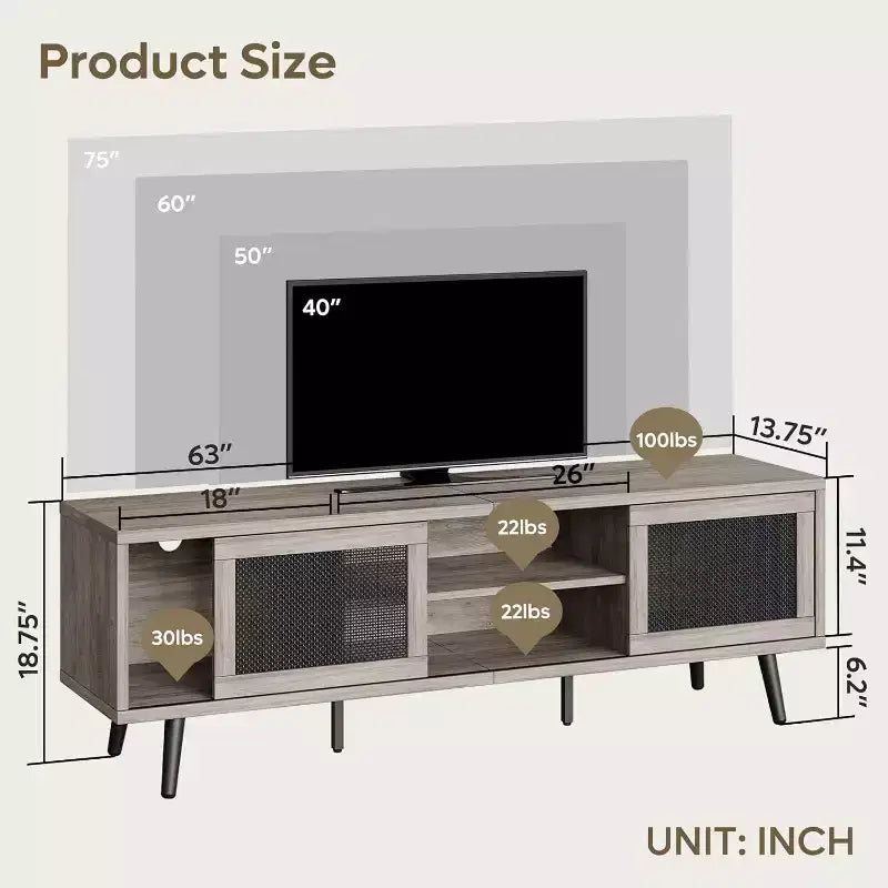 Meuble TV de 63 pouces de style milieu du siècle pour téléviseurs jusqu'à 75 pouces, meuble de divertissement avec rangements et étagères ouvertes pour salon