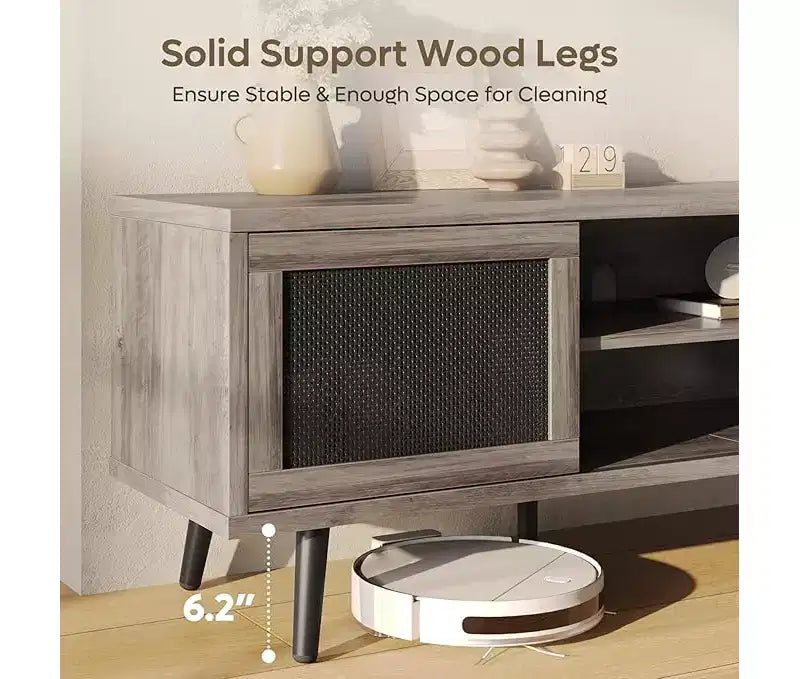Meuble TV de 63 pouces de style milieu du siècle pour téléviseurs jusqu'à 75 pouces, meuble de divertissement avec rangements et étagères ouvertes pour salon