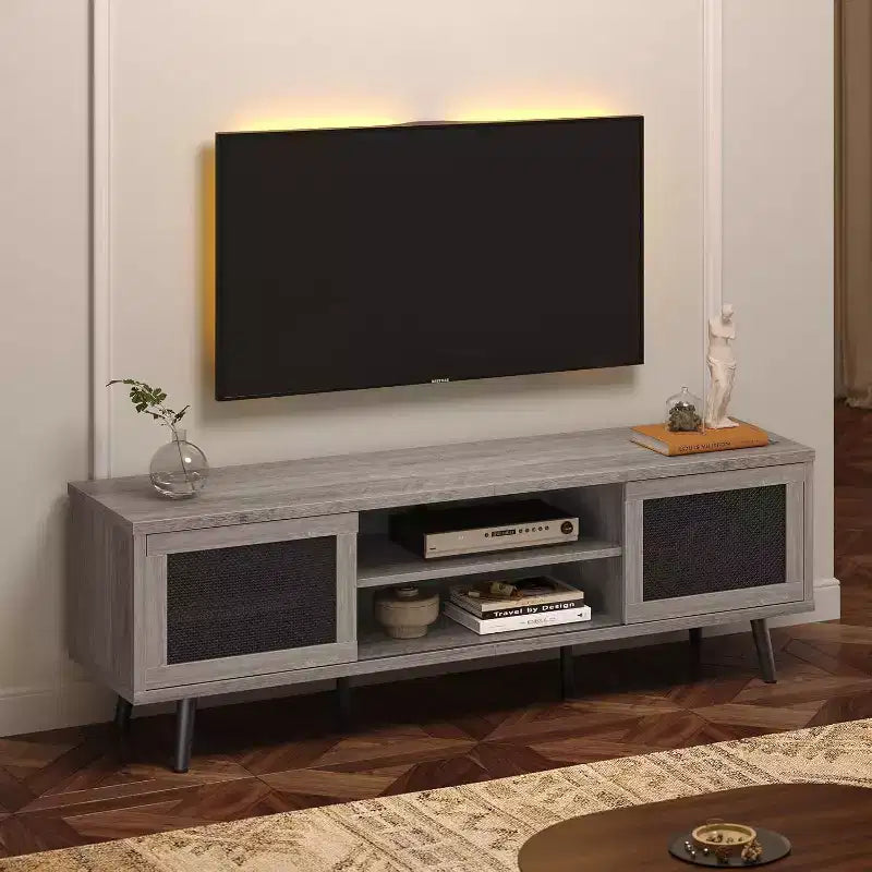 Meuble TV de 63 pouces de style milieu du siècle pour téléviseurs jusqu'à 75 pouces, meuble de divertissement avec rangements et étagères ouvertes pour salon