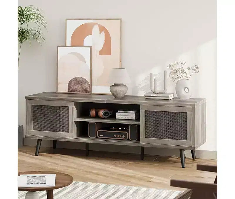 Meuble TV de 63 pouces de style milieu du siècle pour téléviseurs jusqu'à 75 pouces, meuble de divertissement avec rangements et étagères ouvertes pour salon
