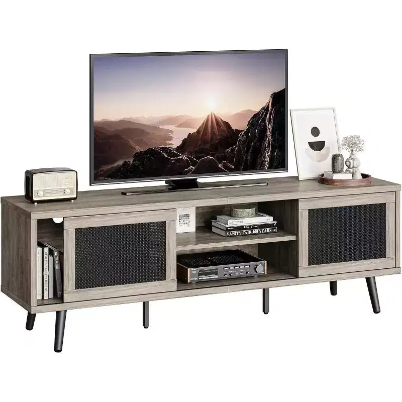 Meuble TV de 63 pouces de style milieu du siècle pour téléviseurs jusqu'à 75 pouces, meuble de divertissement avec rangements et étagères ouvertes pour salon