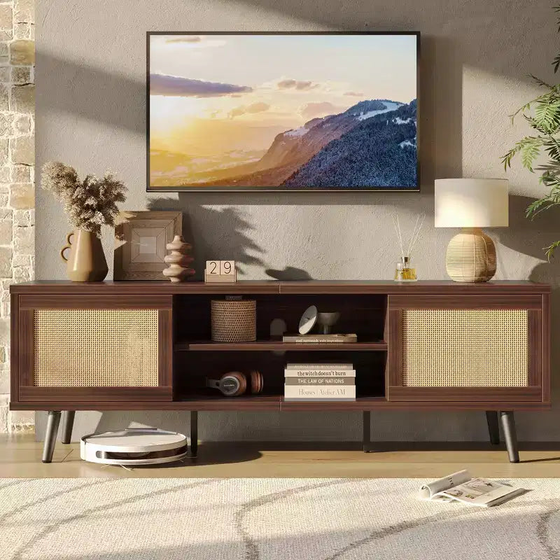 Meuble TV de 63 pouces de style milieu du siècle pour téléviseurs jusqu'à 75 pouces, meuble de divertissement avec rangements et étagères ouvertes pour salon