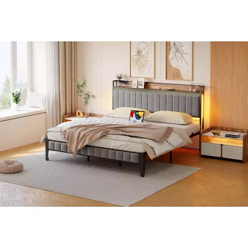  Full Bed Frame with Wood Headboard/Footboard, Adjustable LED Light & Charging Station, Storage Space