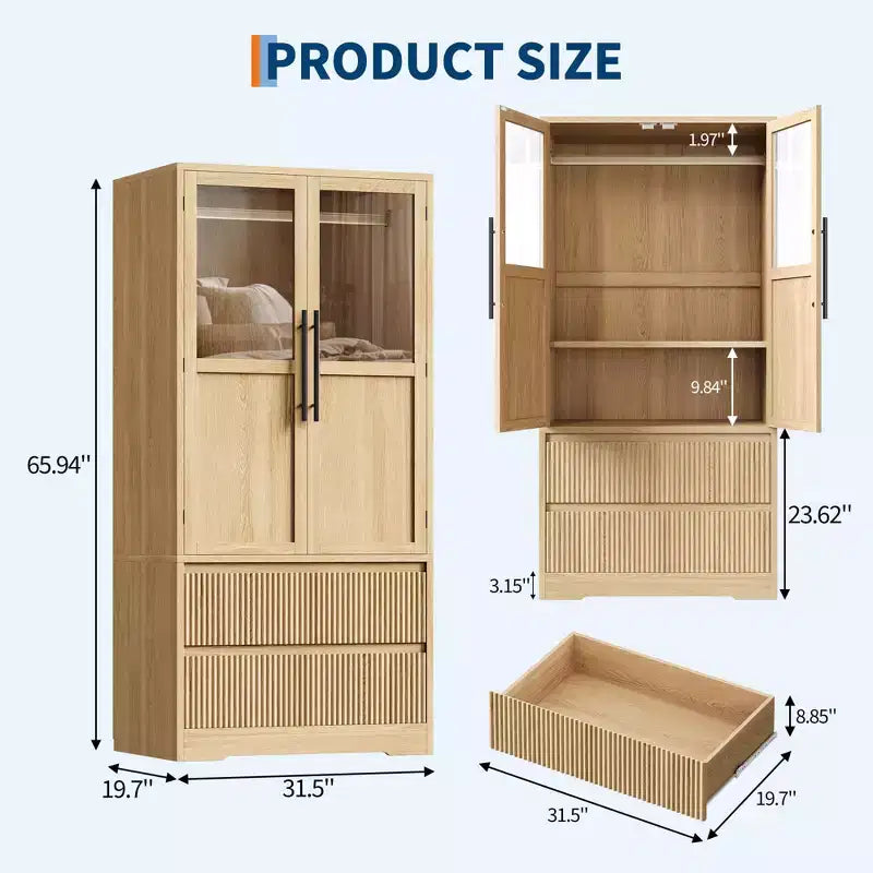 66 Armoire de chambre à coucher en bois naturel avec tringle de suspension et tiroirs de rangement
