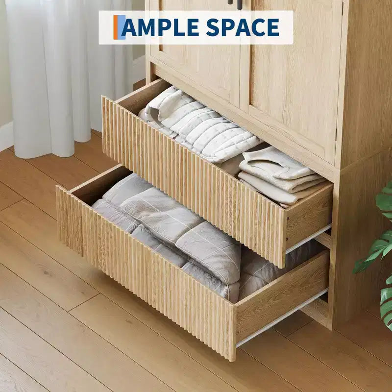 66 Armoire de chambre à coucher en bois naturel avec tringle de suspension et tiroirs de rangement
