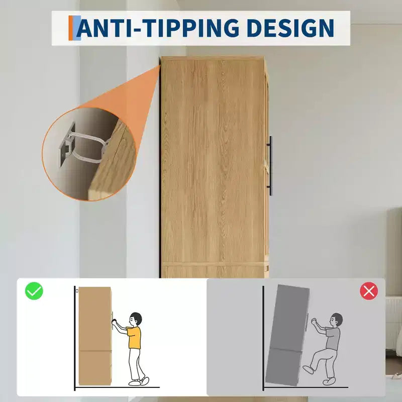 66 Armoire de chambre à coucher en bois naturel avec tringle de suspension et tiroirs de rangement