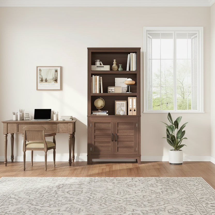 Bibliothèque de ferme 71 po avec portes, étagère haute à 5 niveaux Armoire de rangement pour salon ou bureau
