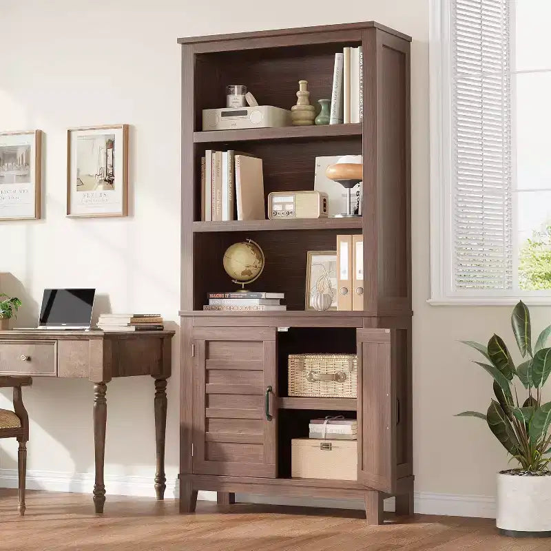 Bibliothèque de ferme 71 po avec portes, étagère haute à 5 niveaux Armoire de rangement pour salon ou bureau