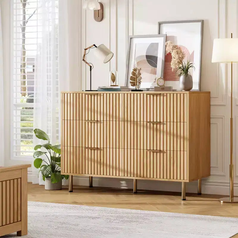 Commode cannelée moderne de 47 po, à 6 tiroirs doubles, pour salon, chambre et couloir