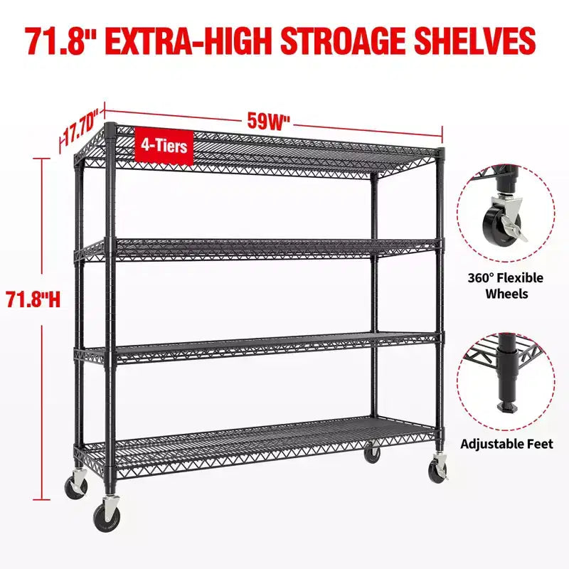 Étagère de rangement robuste 73, capacité de 1200 kg, étagères de rangement réglables à 4 niveaux avec roulettes et pieds, pour garage, garde-manger, cuisine