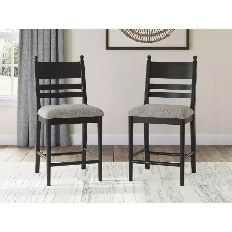 Signature Design by Ashley  Counter Height Upholstered Barstools, Set of 2, Black Wood Frame with Gray Foam Cushioned Seat