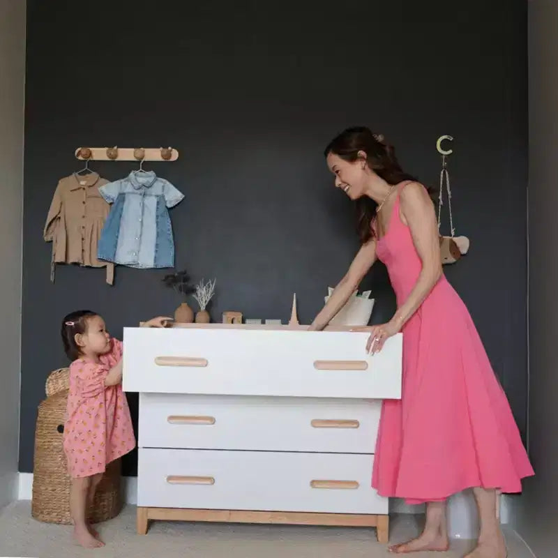 Commode à 3 tiroirs (blanc + chêne rouge)