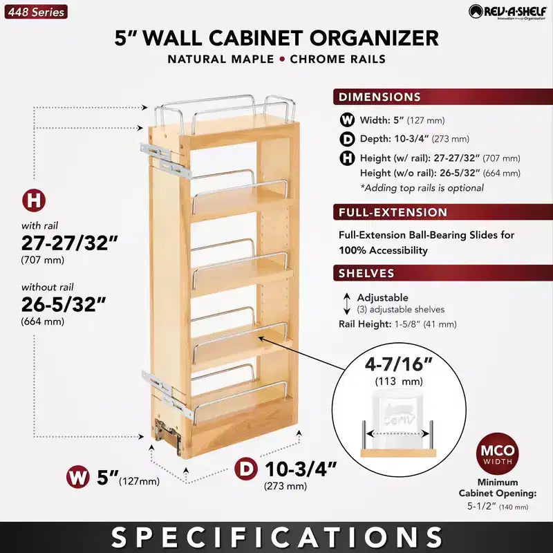 5 organisateurs de rangement coulissants pour armoires de cuisine murales, étagères réglables coulissantes pour porte-épices ou conserves, bois et chrome, 448-WC-5C