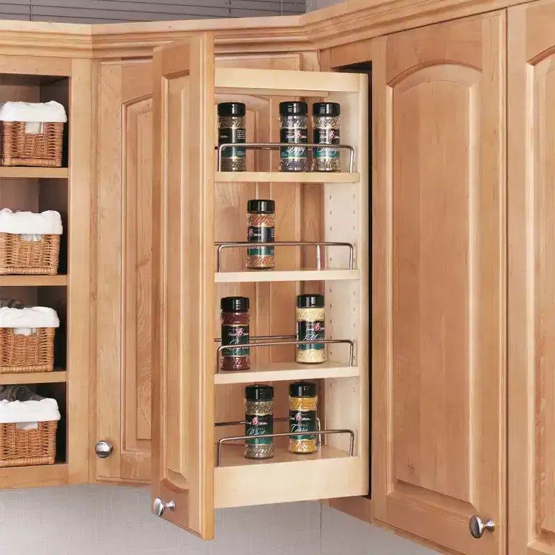 5 organisateurs de rangement coulissants pour armoires de cuisine murales, étagères réglables coulissantes pour porte-épices ou conserves, bois et chrome, 448-WC-5C
