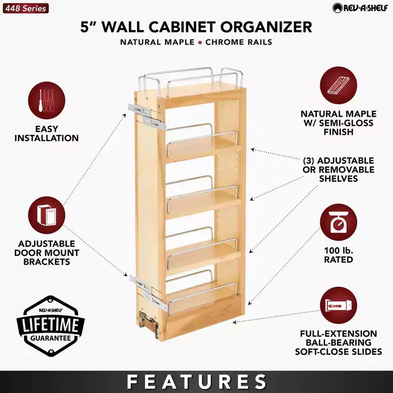 5 organisateurs de rangement coulissants pour armoires de cuisine murales, étagères réglables coulissantes pour porte-épices ou conserves, bois et chrome, 448-WC-5C