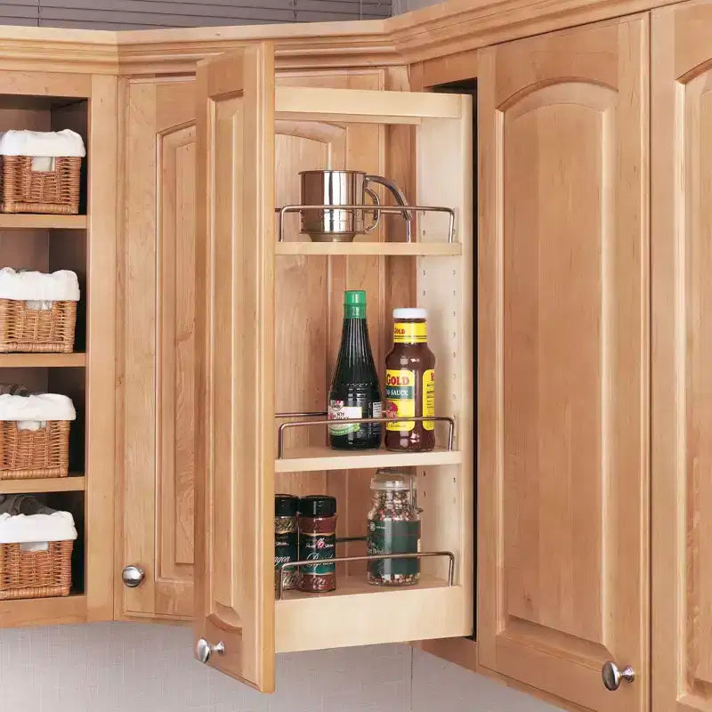 5 organisateurs de rangement coulissants pour armoires de cuisine murales, étagères réglables coulissantes pour porte-épices ou conserves, bois et chrome, 448-WC-5C
