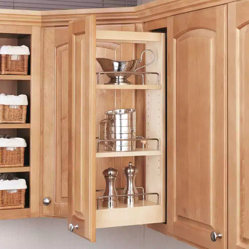 5 organisateurs de rangement coulissants pour armoires de cuisine murales, étagères réglables coulissantes pour porte-épices ou conserves, bois et chrome, 448-WC-5C