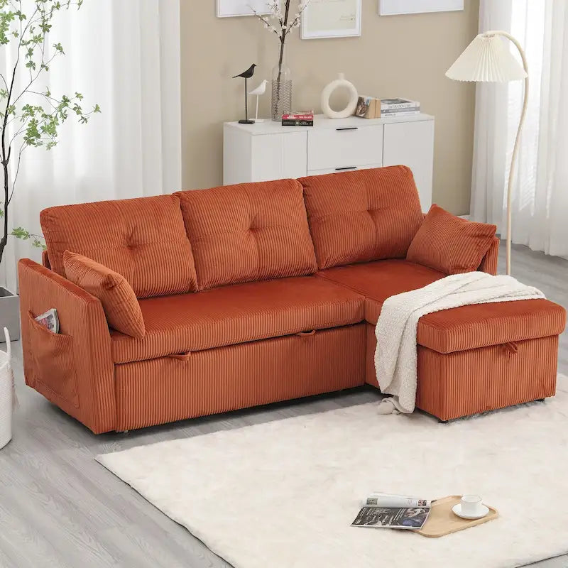 Canapé d'angle réversible en velours côtelé/chenille avec chaise longue de rangement et poche latérale