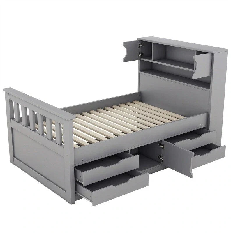 Lit plateforme capitaine double/grand avec 4 tiroirs et étagères de rangement, cadre de lit en bois massif avec tête de lit bibliothèque de rangement