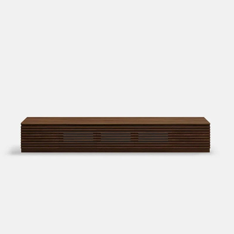 Meuble TV minimaliste avec tiroirsConsole multimédia en bois massif avec placards, porte abattante, placage noyer, entièrement assemblé