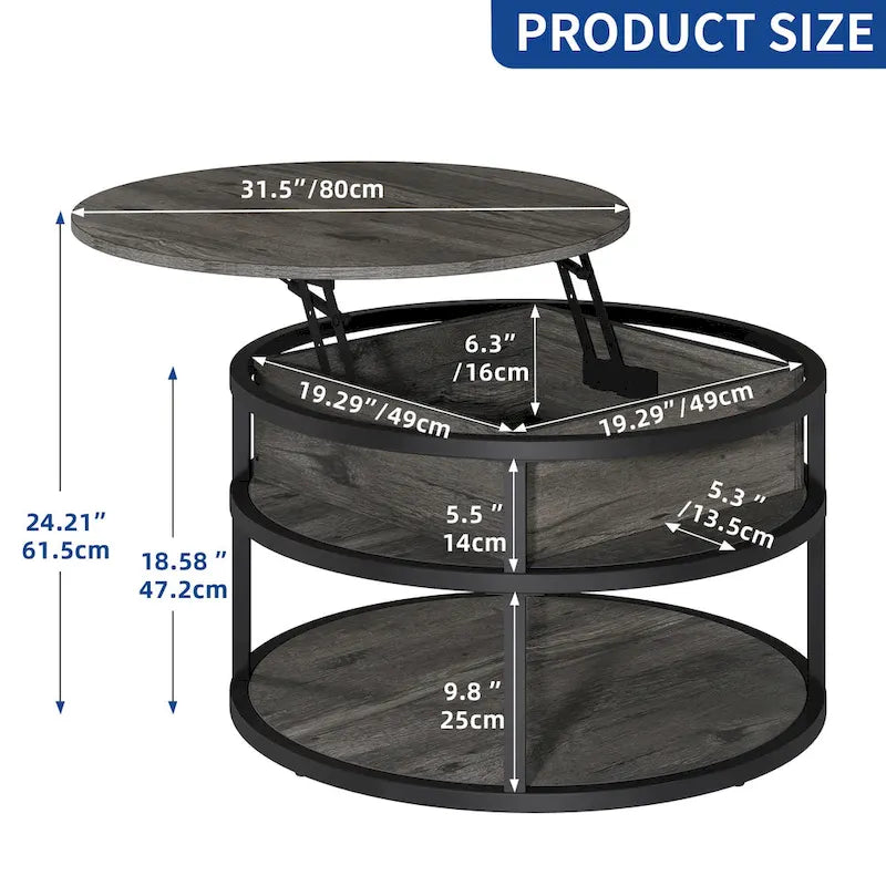 Table basse ronde relevable Moasis Farmhouse avec rangement dissimulé et étagère