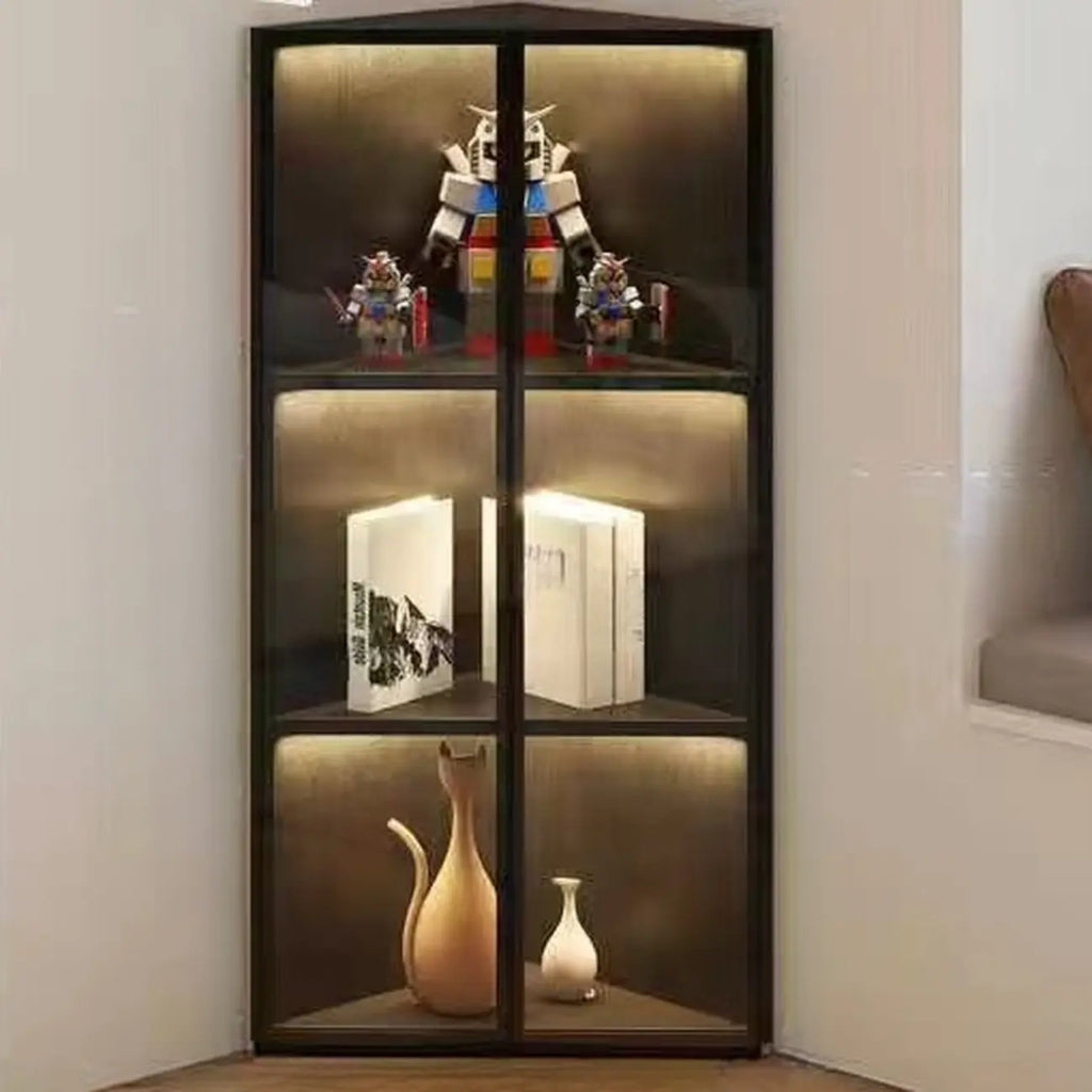 Meuble d'angle d'exposition moderne en bois et métal gris avec porte vitrée