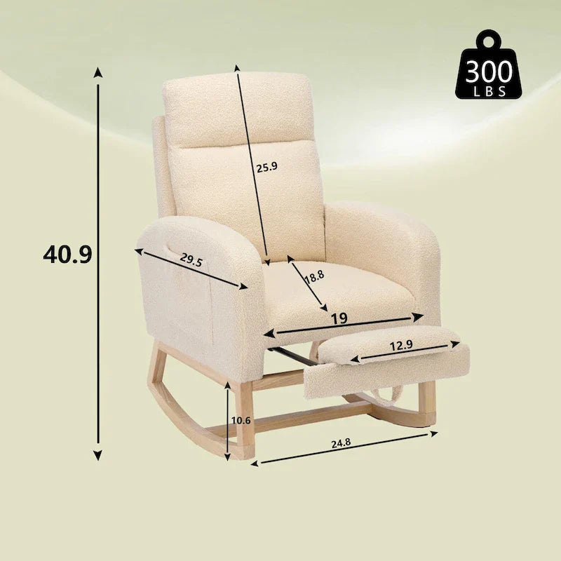 Fauteuil à bascule rembourré moderne de 75 cm de hauteur avec dossier haut, pieds en bois massif et repose-pieds réglable