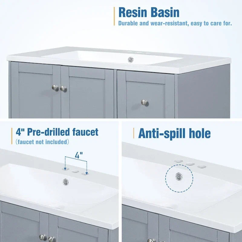 Meuble-lavabo de 36 pouces avec chargement USB, évier en résine, cadre en bois massif, 3 tiroirs de rangement