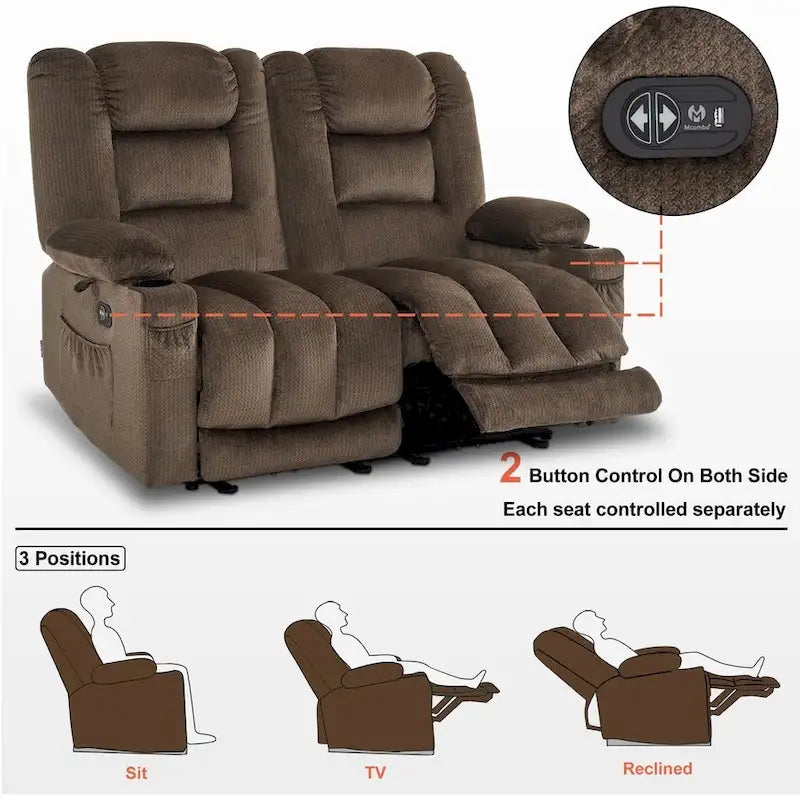 Causeuse inclinable électrique MCombo avec fonction chauffage et massage, en tissu PR648