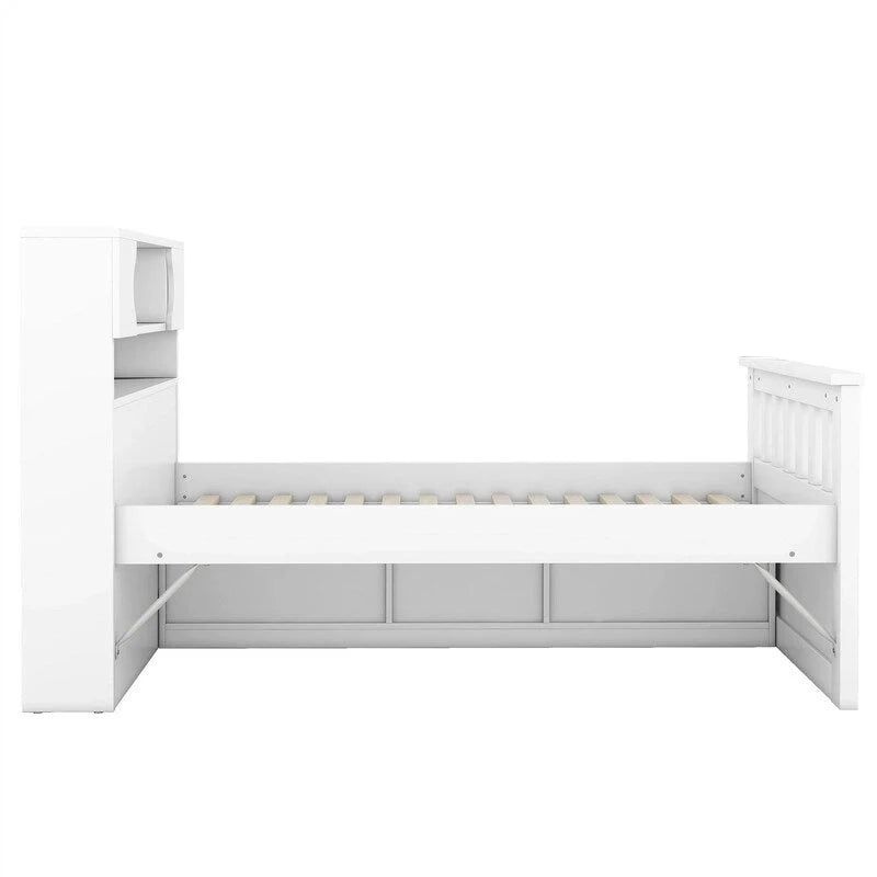 Lit plateforme capitaine double/grand avec 4 tiroirs et étagères de rangement, cadre de lit en bois massif avec tête de lit bibliothèque de rangement