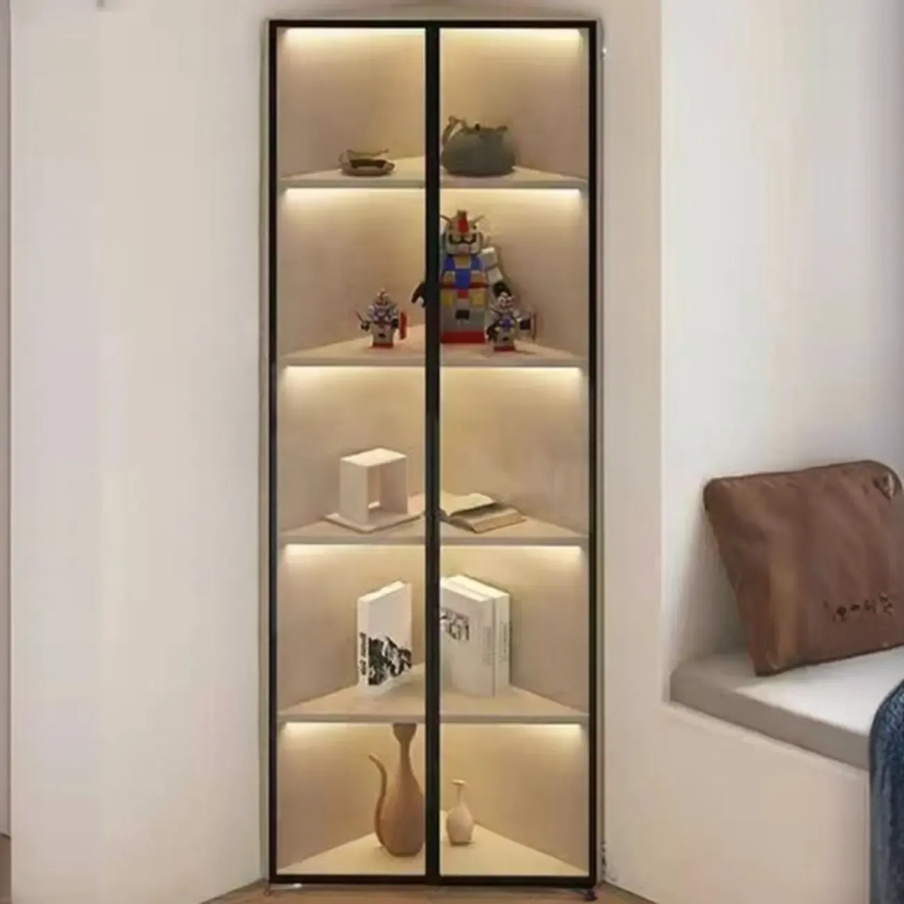 Meuble d'angle d'exposition moderne en bois et métal gris avec porte vitrée