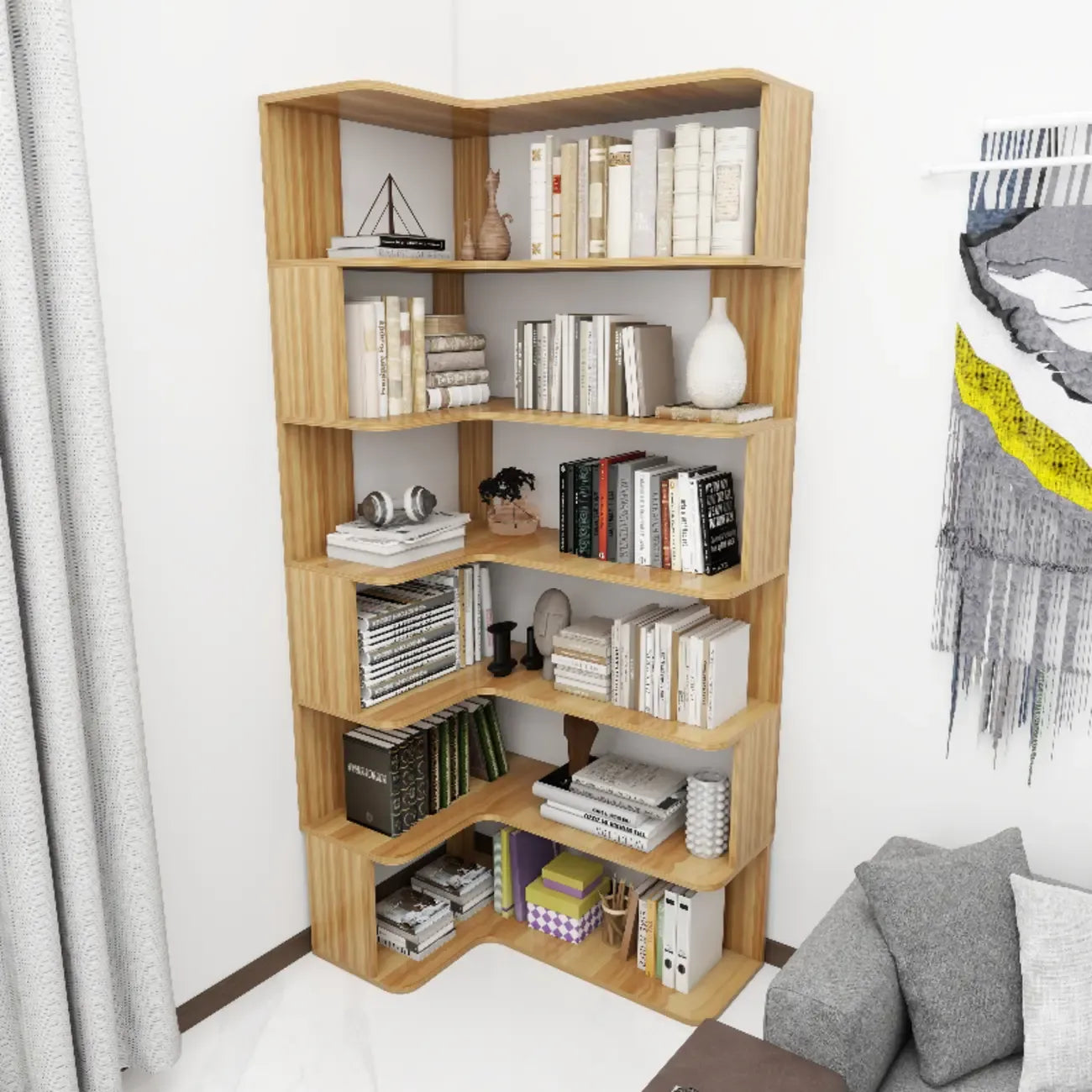 Étagère d'angle en bois manufacturé à 6 tablettes