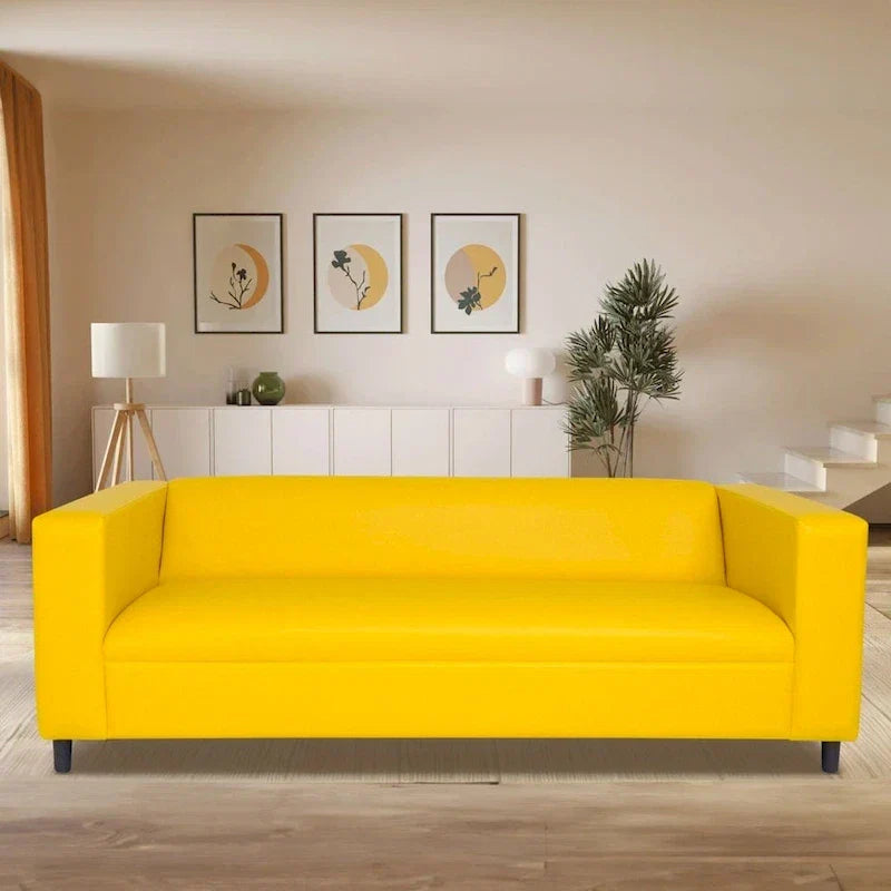 Canapé 3 places moderne du milieu du siècle en similicuir et bois massif rembourré